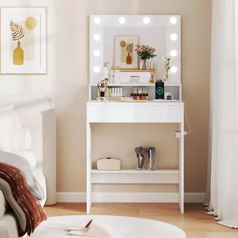 Vanity Desk with Mirror and Lights with 3 Light Modes & Adjustable Brightness White