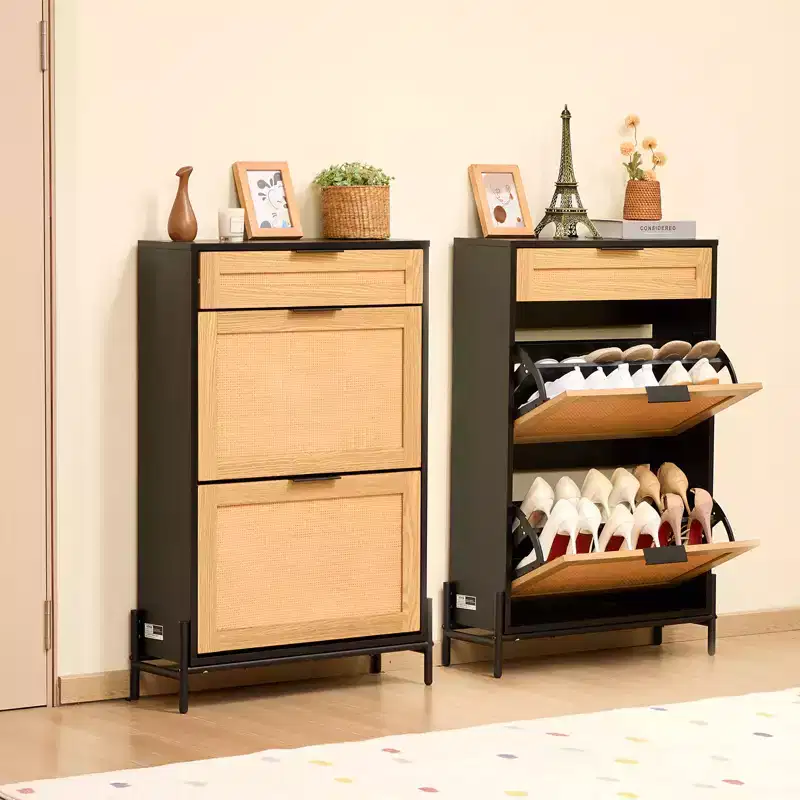 VEVOR Rattan Shoe Cabinet, with 2 Flip Rattan Drawers & 1 Slide Drawer, Metal Legs, Slim Shoe Entryway Cabinet for Entryway, Closet, Hallway, Black