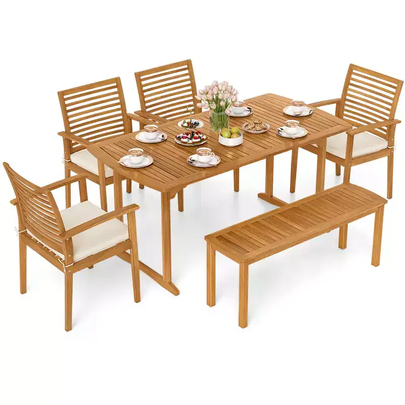 Costway 6PCS Outdoor Acacia Wood Dining Set Rectangle Dining Table with 4 Chairs & Bench