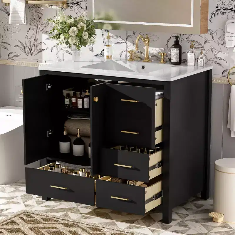 Chic Crate-36In Bathroom Vanity  Ceramic Sink w/4 Drawers & Soft-Close Doors | Solid Wood Frame | Freestanding | Black