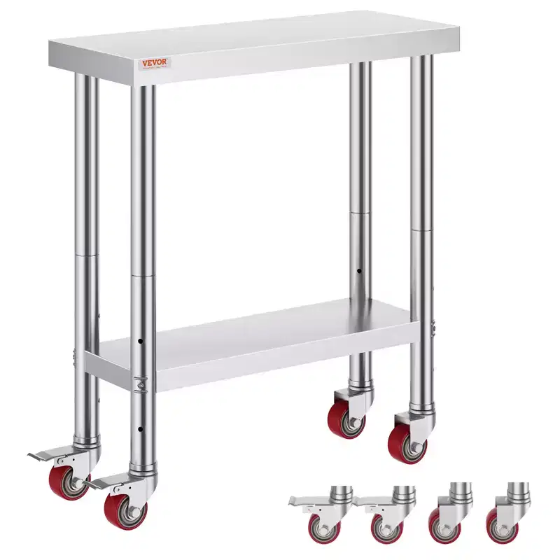 Stainless Steel Work Table 30 x 12 x 34 Inch, 700 LBS Load Capacity with 4 Wheels, 3 Adjustable Height Levels, Silver