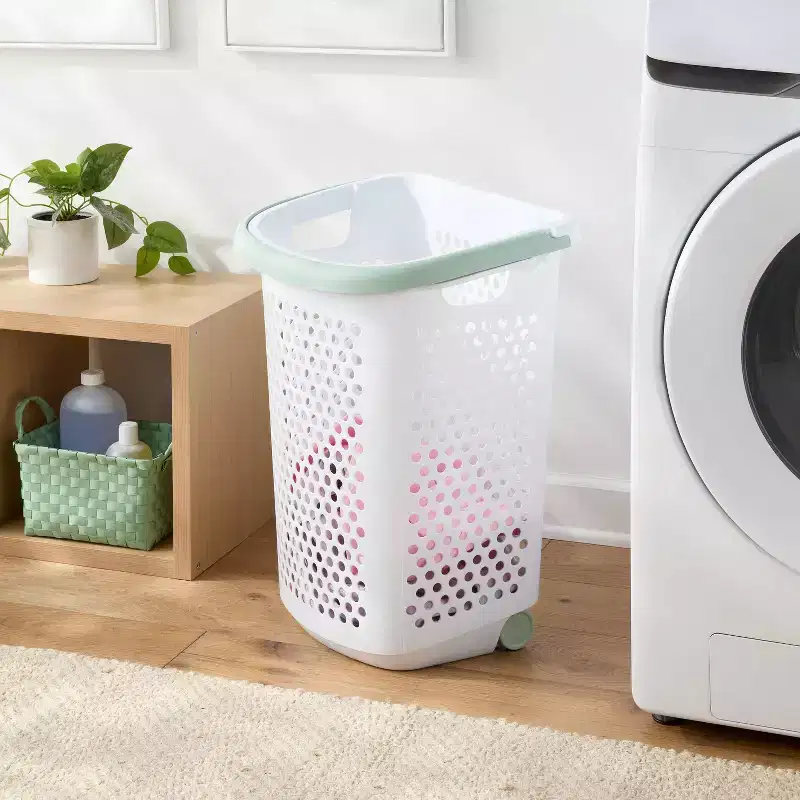 Rolling Hamper White with Daydream Green Handles - Brightroom™