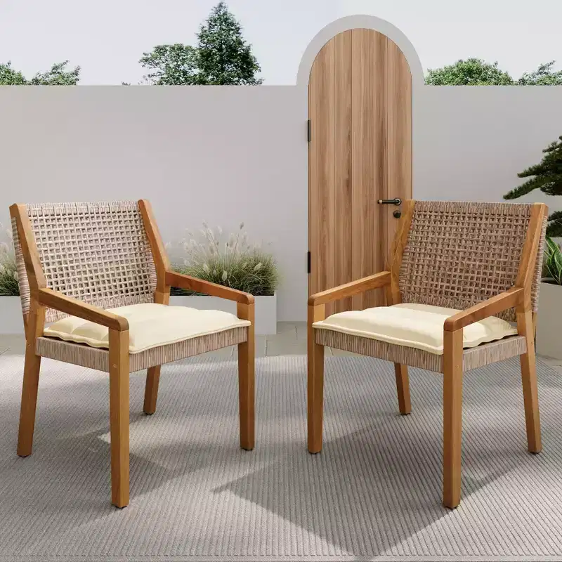 NAYSAYE Patio Dining Sets Outdoor Acacia Wood Wicker Dining Chairs with Cushions for Garden Patio, Brown and Teak, 23.5*21.25*32
