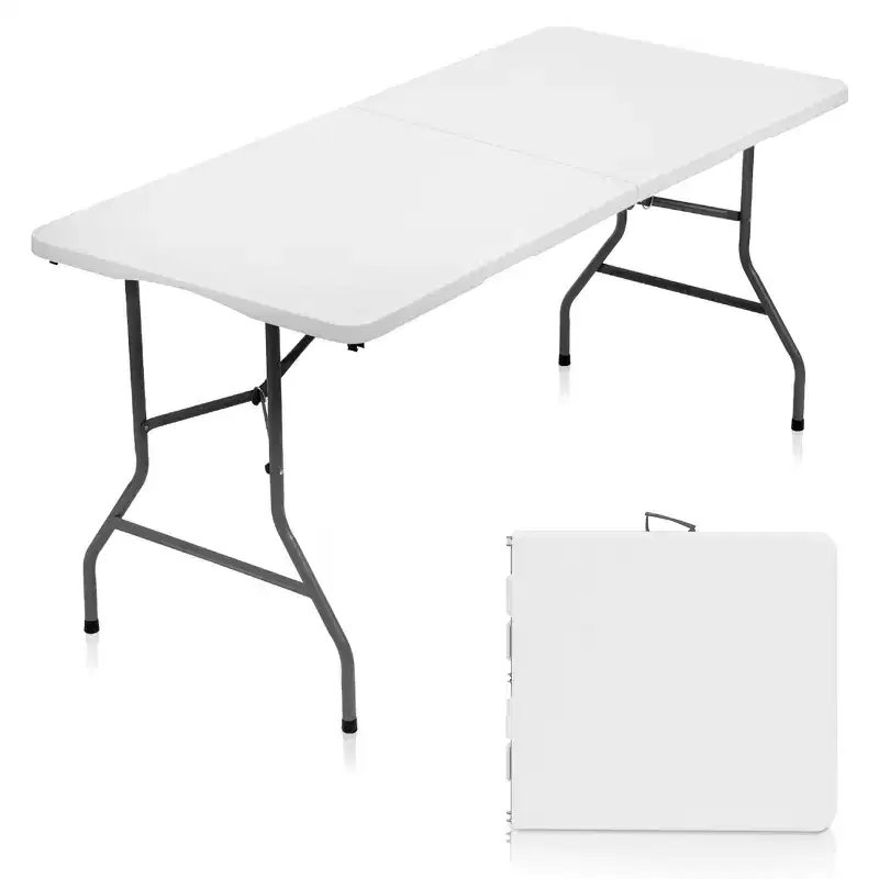 5 Foot Portable Folding Table HDPE Plastic Indoor Outdoor Fold-in-Half White Seats 6 to 8