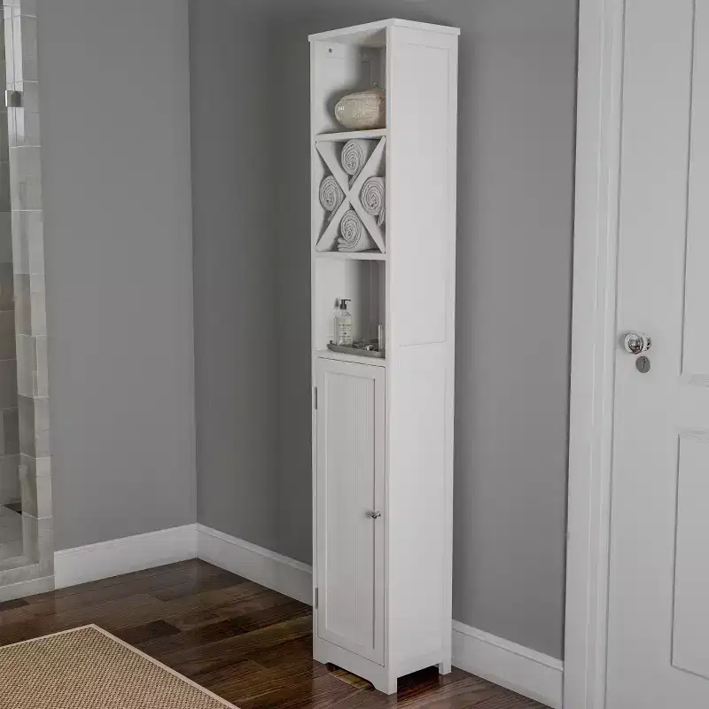 Tall Linen Tower Cupboard with Cubbyhole Divider and Adjustable Shelves
