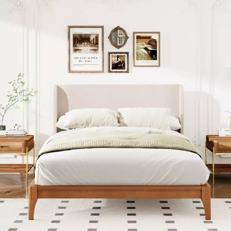King/Queen Size Platform Bed, Solid Dry Bamboo Wood Bed Frame with Upholstered High Headboard, Easy Assembly