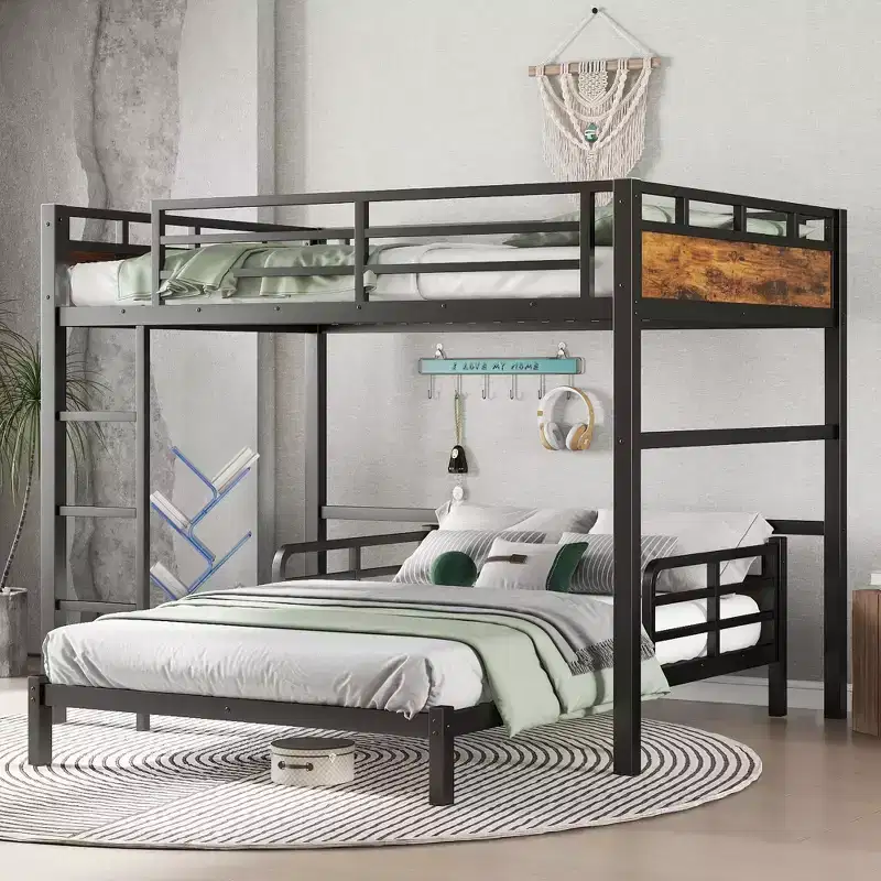 Full XL over Full XL Metal Bunk Bed / Loft Bed, Separable, Vintage Wood Color