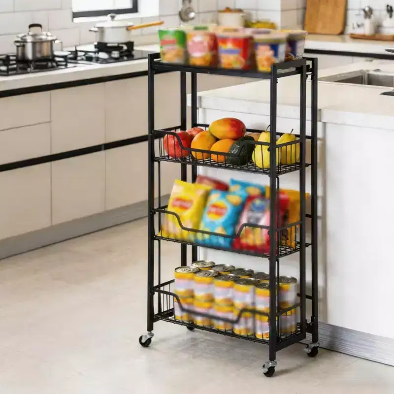 3-Tier Collapsible Kitchen Storage Cart, Iron Frame & Shelves, Space-Saving Pantry Organizer for Fruit, Snacks, Utility Cart with Locking Casters