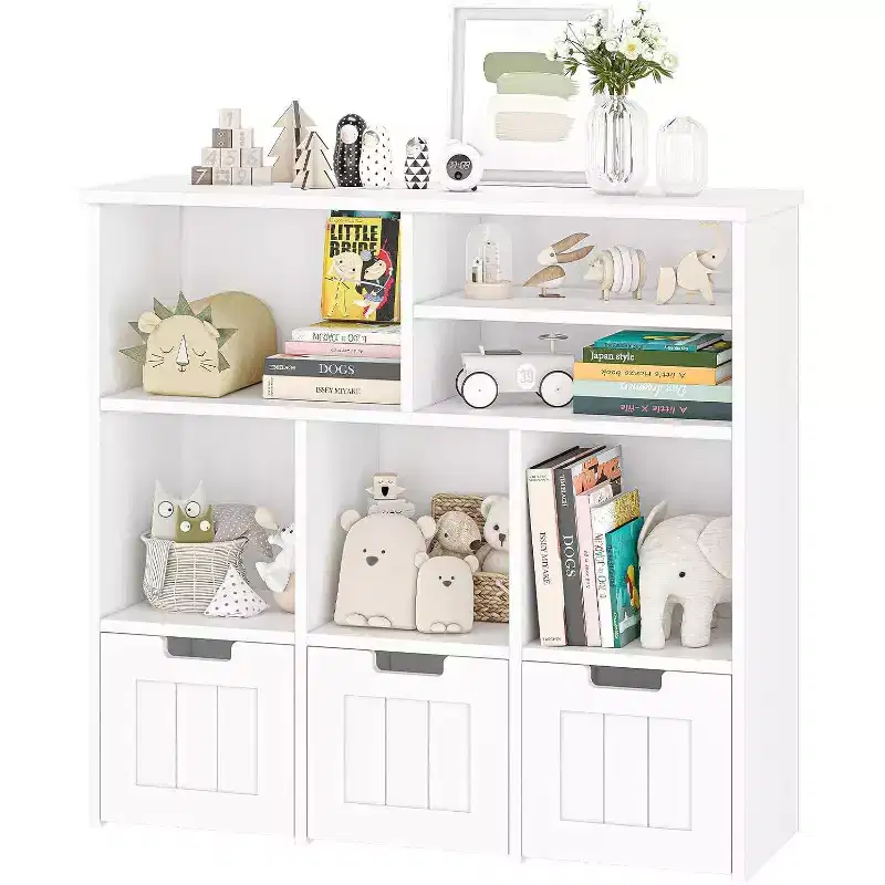 Kids Bookcase Toy Storage Cabinet, Organizer with 3 Movable Drawers & Hidden Wheels, 6 Compartments for Bedroom, Playroom, Nursery, White