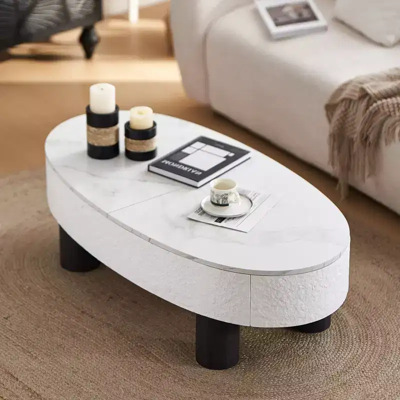 GDFStudio Juno Mid-Century Modern 47.20W Wooden Oval Coffee Table with Hidden Drawer and Storage Space