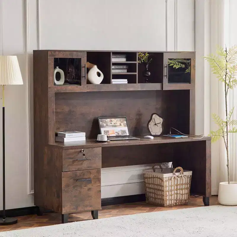 Karl Home Rustic Office Desk with Built-In File Cabinet & Storage Hutch Lock Drawer Computer Desk