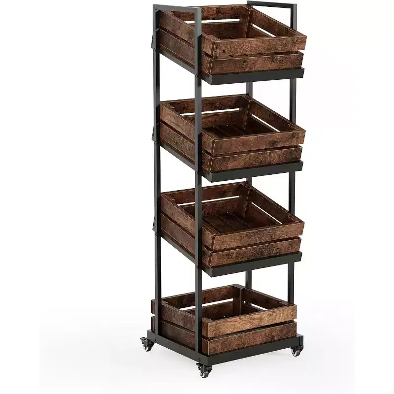 4-Tier Wooden Kitchen Cart with Wheels, Mobile Fruit and Vegetable Storage Rack for Pantry or Bedroom