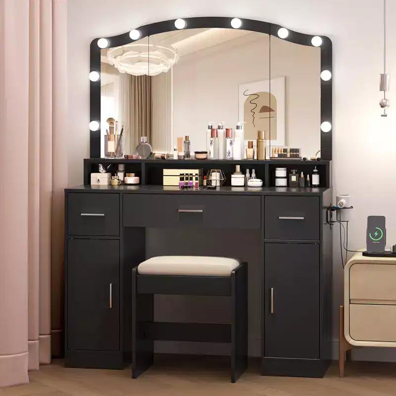 COZONY Vanity Desk with Mirror & Lights - Makeup Vanity Table Set with Stool, 3 Drawers, Cabinets & Charging Station