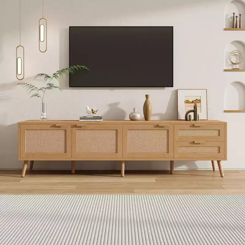 TV Stand for Up to 80 TVs, Rattan Door Media Console Entertainment Center with 2 Drawers, Cable Holes & Solid Wood Legs, Natural - ModernLuxe