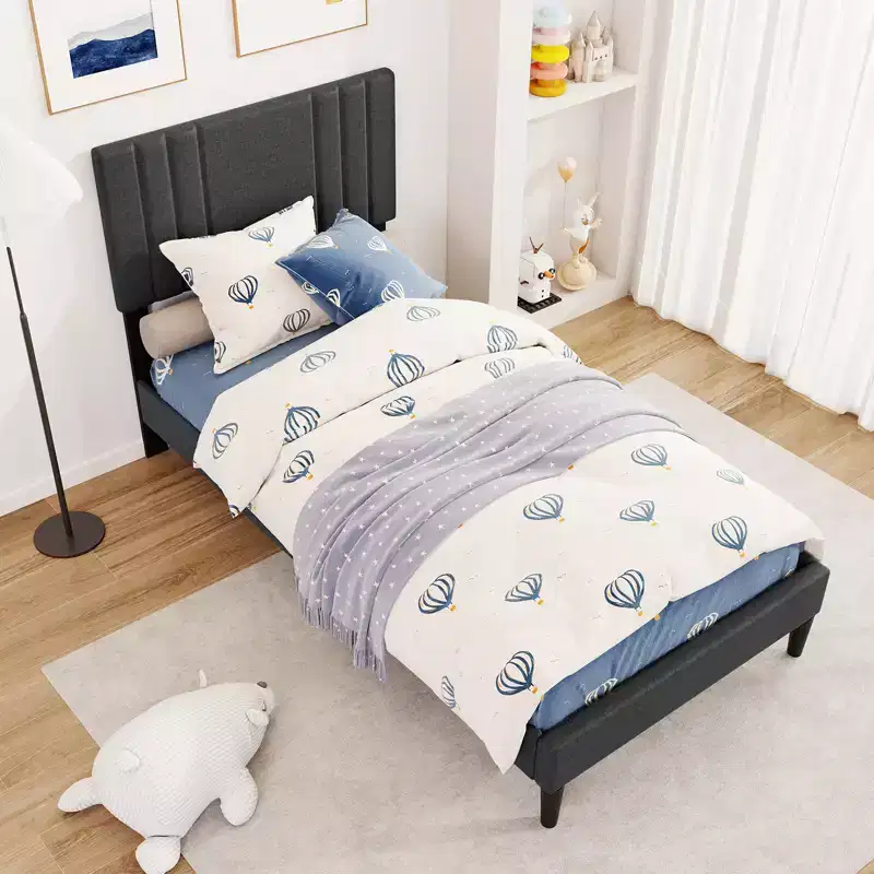 Twin / Full / Queen Size Bed Frame w/ Vertical Channel Tufted Headboard & Wooden Slats