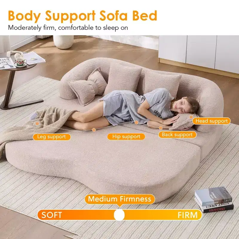 Okak Modern Folding Boneless 2-in-1 Sofa Couch with 4 Pillows,Chenille Fabric Futon Sleeper Sofabed for Living Room, Apartment