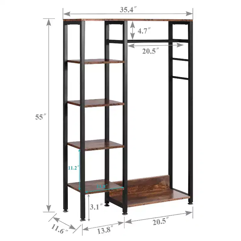 VECELO Open Garment Clothing Rack, Heavy Duty Free-Standing Storage Closet with 5 Shelves & Hanging Rod for Small Spaces, Oak/White