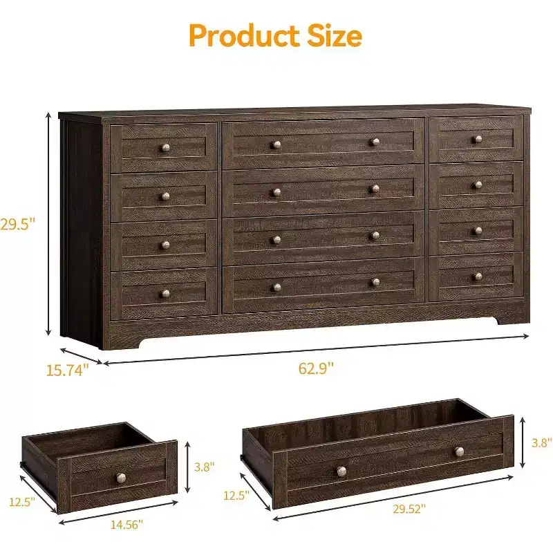 Acekool 12 Drawer Dresser, Wide Modern Chest for Bedroom, TV Stand for 65 Inch TV, Wood Storage Organizer for Living Room, Hallway