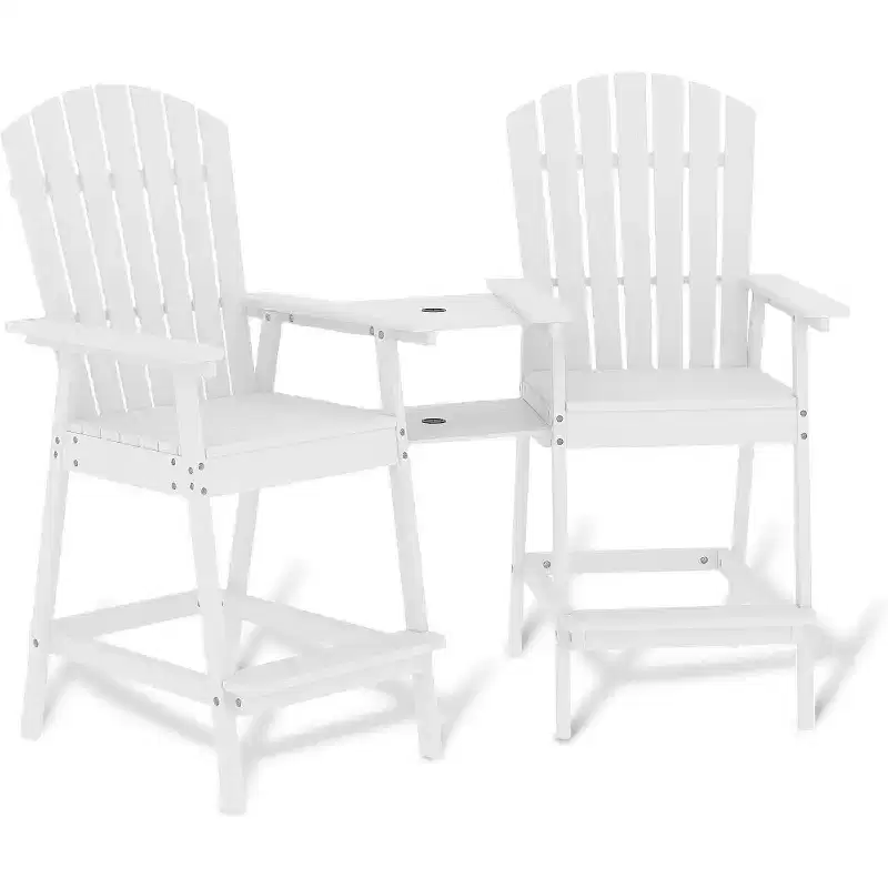 Outdoor Bar Height Adirondack Chairs Set of 2 with Tray & Umbrella Hole, Tall Balcony Adirondack Chairs for Patio, Deck, Porch