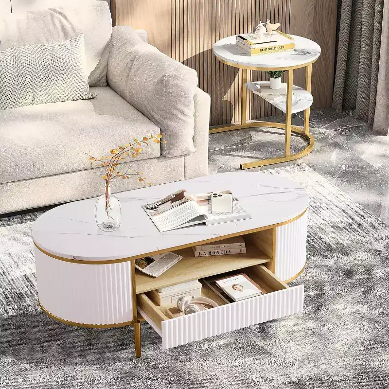 47.24 Inch Oval Coffee Table,Modern Fluted Center Table with Faux Marble Top,Sliding Drawers and Gold Metal Legs,Minimalist Tea Table for Living Room
