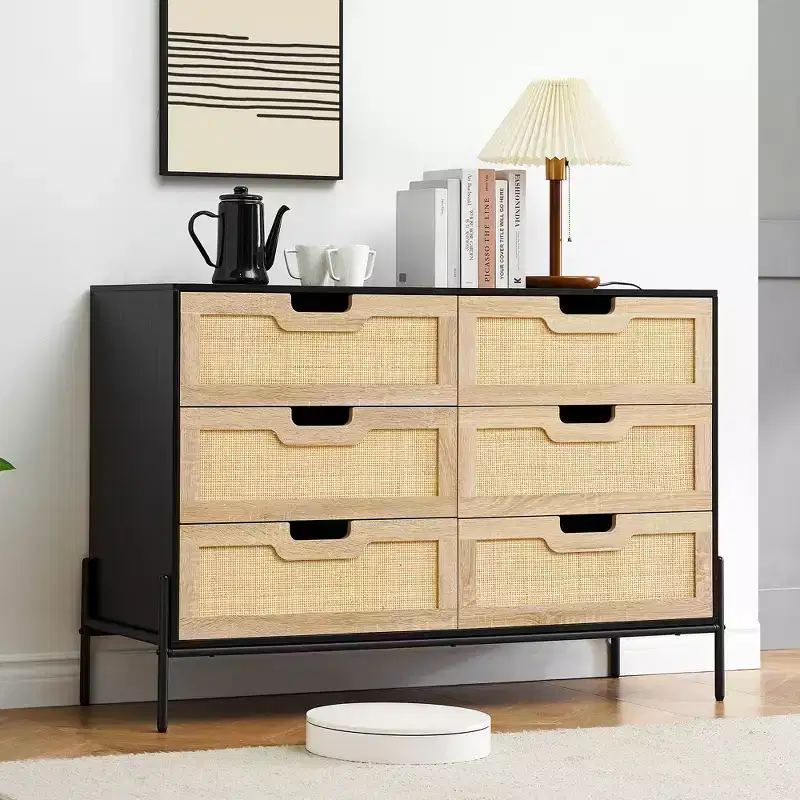 Large Wide 6 Drawer Dresser, Sturdy Metal Legs Farmhouse Chest of Drawer for Closet, Living Room, Bedroom,