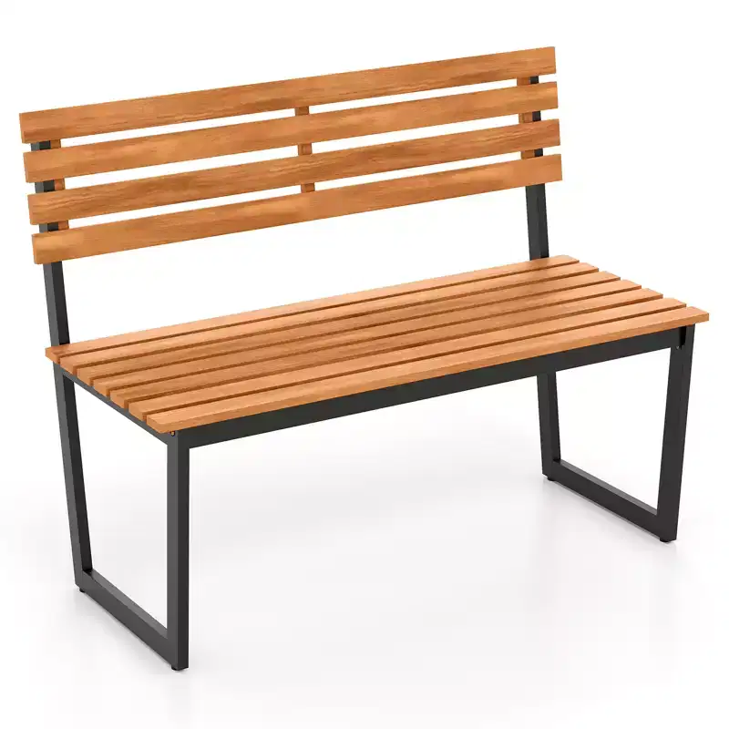 Costway Outdoor Bench Acacia Wood Patio Loveseat w/ Backrest & Heavy Duty Metal Frame Black