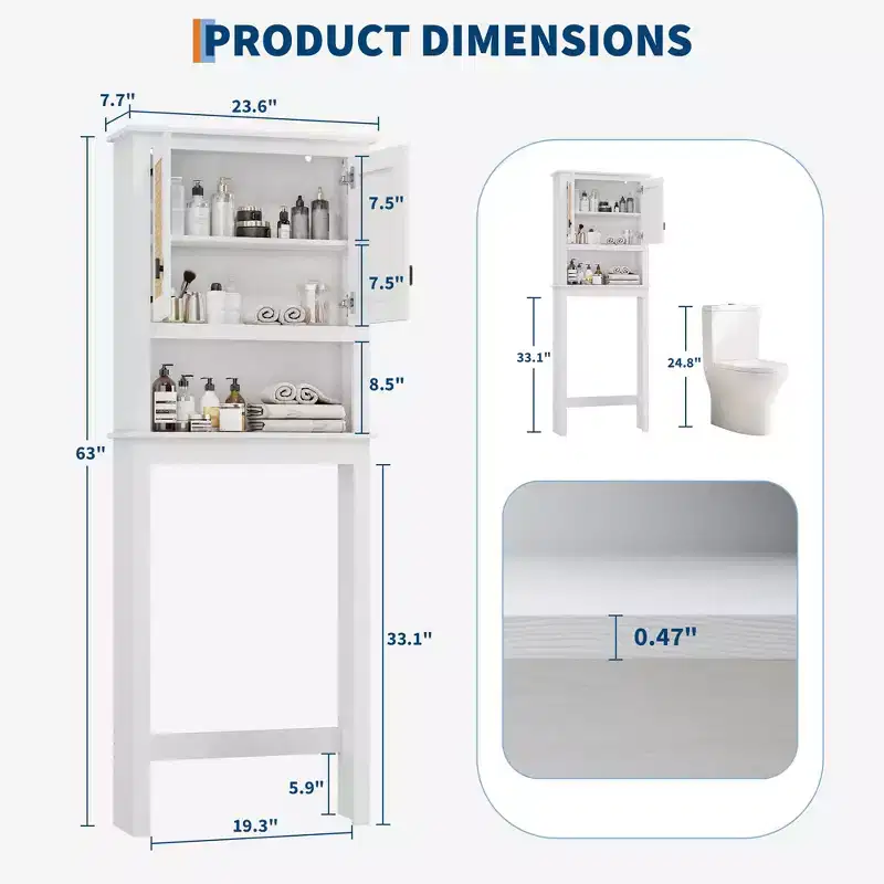 63 Over The Toilet Storage Cabinet,Farmhouse Over Toilet Bathroom Organizer with Rattan Doors,Freestanding Wood Above Toilet Storage Cabinet ,White