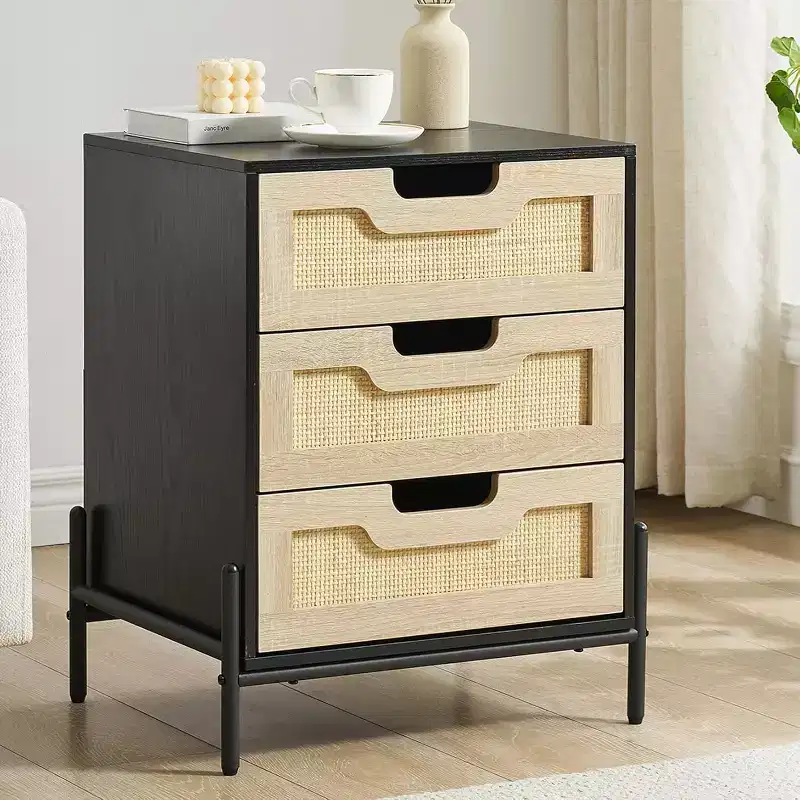 Rattan Nightstand C Boho Accent Table with Rattan Drawers & Metal Legs