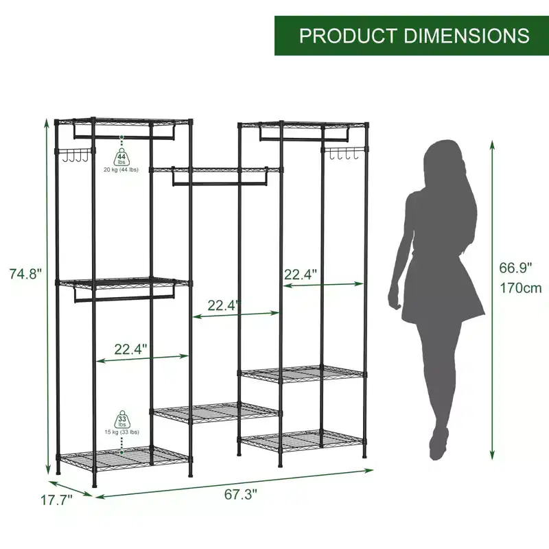 Heavy Duty Garment Rack, Clothes Rack with Adjustable Shelves, Hanging Rails & Hooks, Freestanding Portable Wardrobe Closet for Bedroom, Entrance