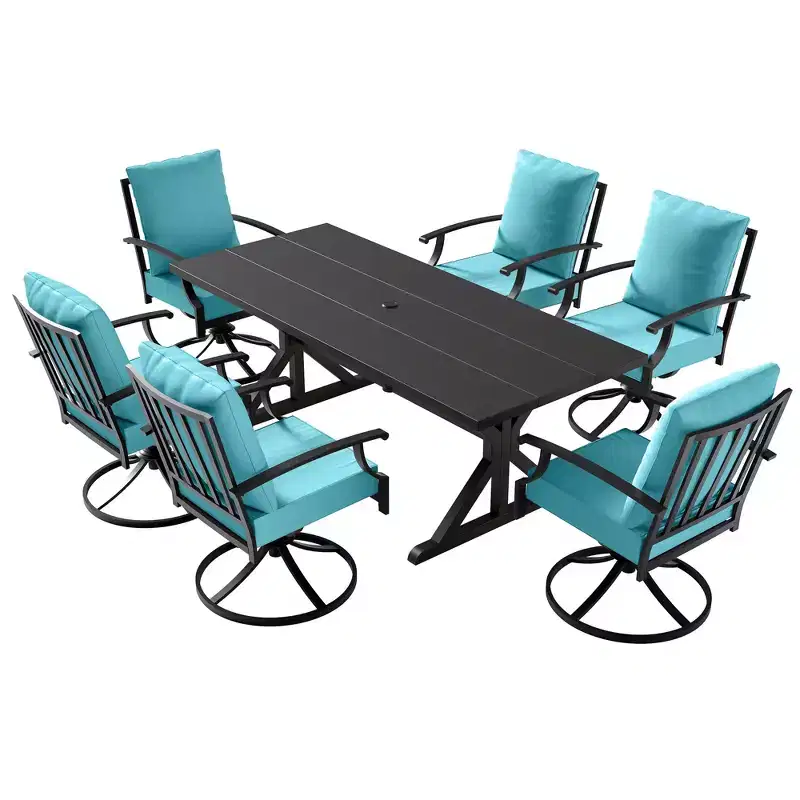 ALAULM 7PCS Patio Dining Set,Outdoor Metal Patio Furniture Set w/6 Swivel Rocking Chairs&Large Metal Table w/Umbrella Cutout for Garden,Backyard