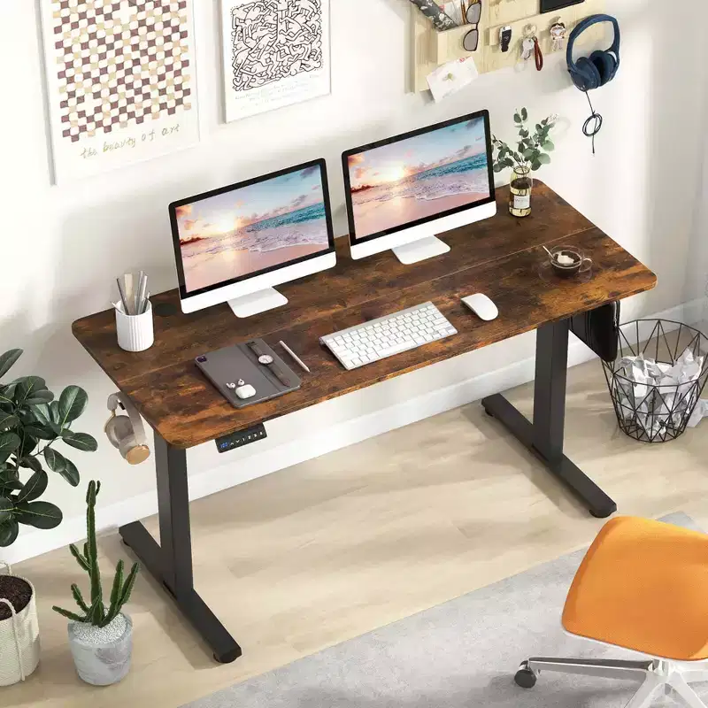 Costway 55 x 24 Electric Standing Desk with 3 Memory Height Settings 2 Hanging Hooks Brown/Natural/White
