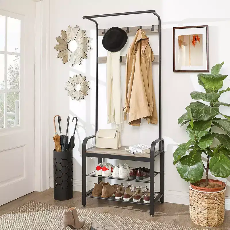 VASAGLE Coat Rack, Hall Tree with Shoe Bench Greige and Black