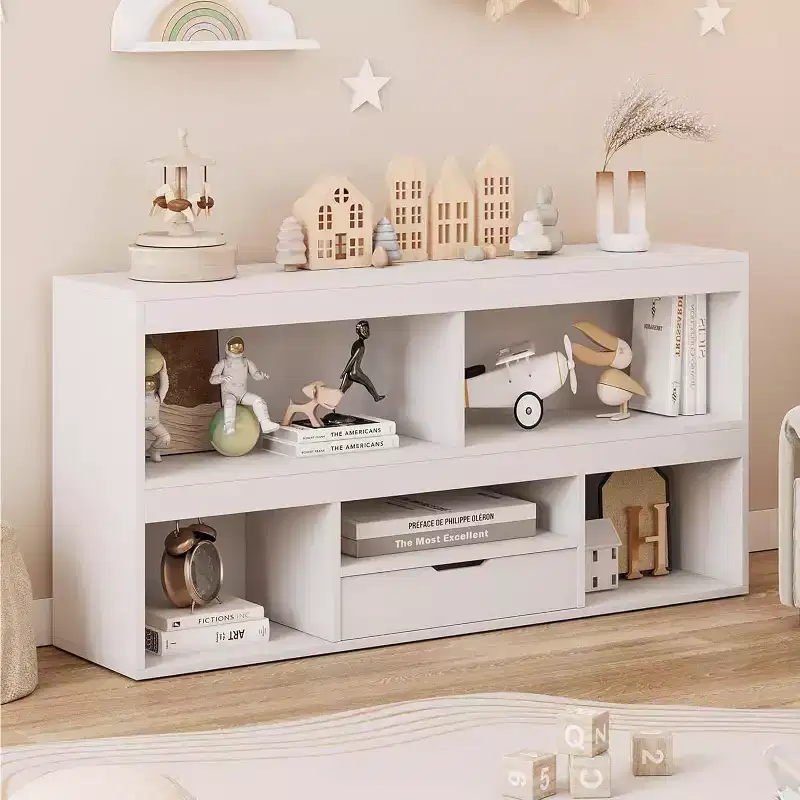 2-Tier Kids Bookshelf & Toy Organizer with 5 Cubbies + 1 Drawer, White for Playroom/Kids' Room