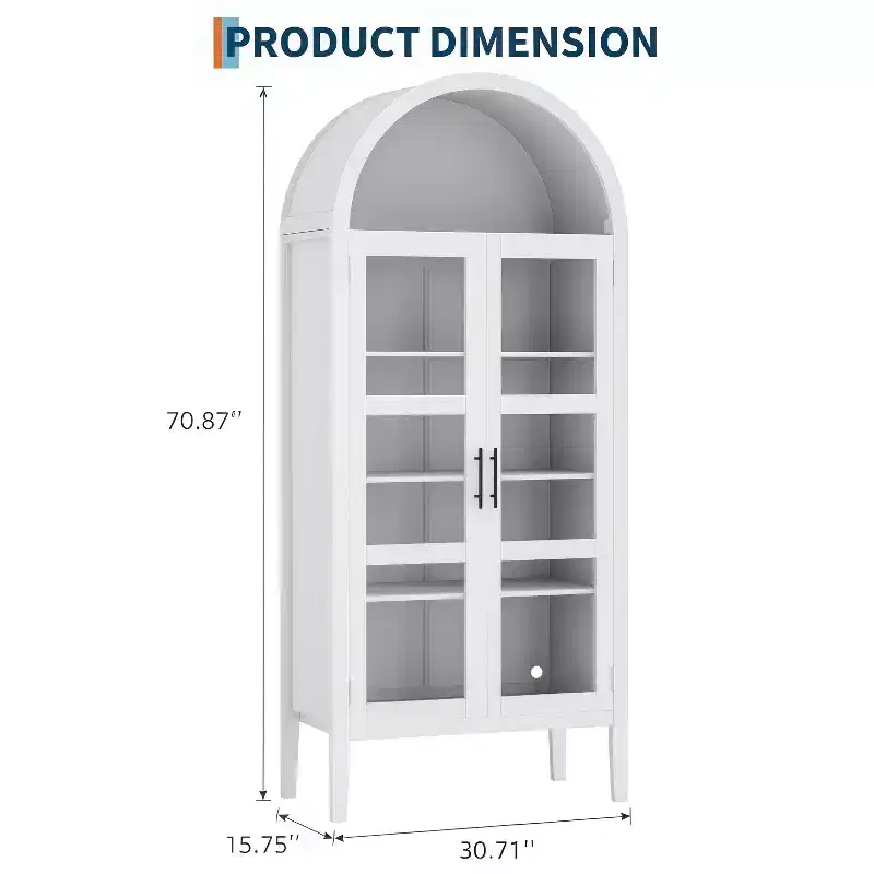 GustoWave 70 Tall Arched Kitchen Pantry Cabinet with LED, Wood Arched Bookshelf with Glass Doors & Adjustable Shelves, Elegant White