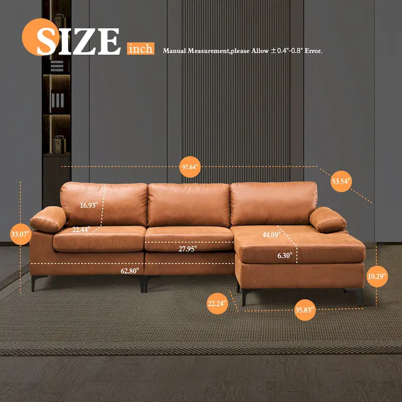 OVIOS Mid-Century Suede Reversible Chaise Sofa With Metal Legs