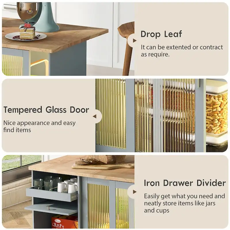 Kitchen Island with Drop Leaf, LED Light