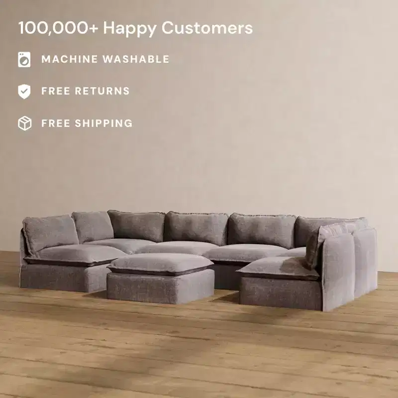 Anabei Modular Washable 6-Seater Open-Ends U-Sectional Sofa + Ottoman | Memorix+ Seat & Contour Pillow