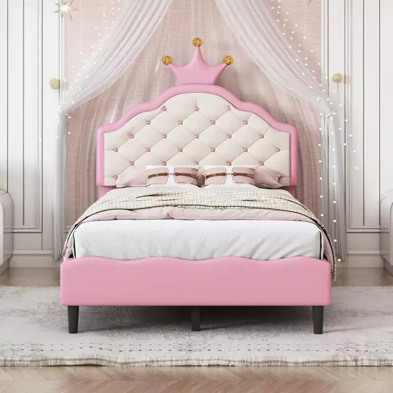 Twin/Full Princess Bed for Girls Kids, Wood Platform Bed Frame with Tufted Headboard, PU Bed Frame with Crown Upholstered Headboard, Pink
