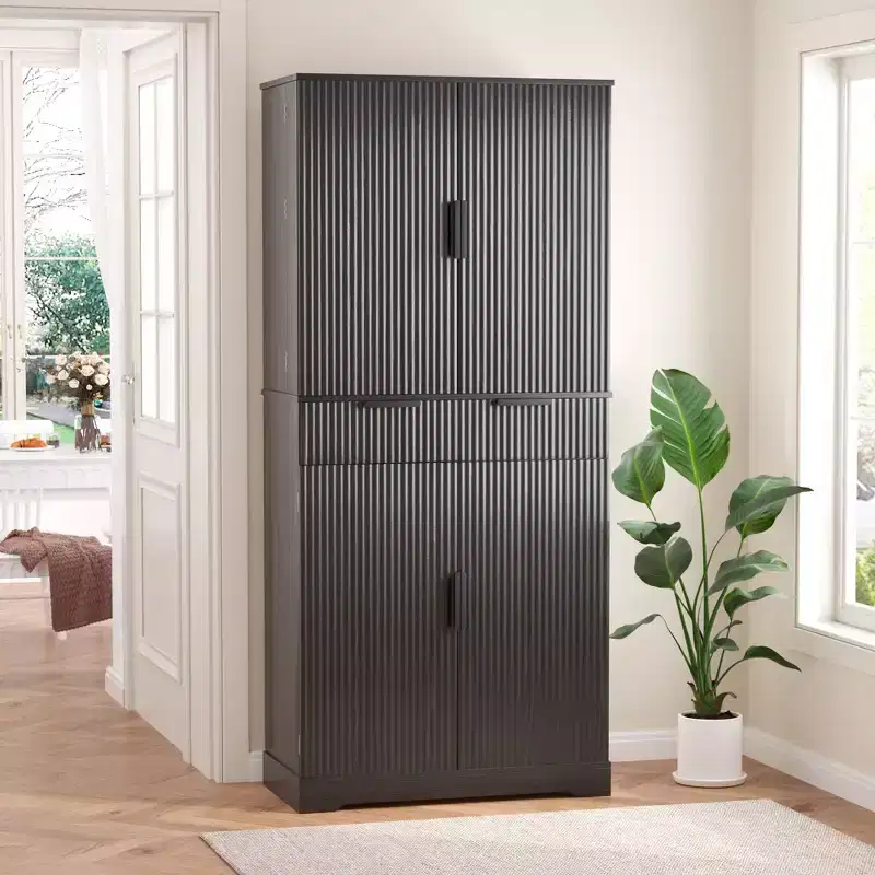 Okak Modern Fluted Kitchen Pantry Cabinet with 3 Keyboard Drawers, Freestanding Cupboard Buffet Storage Cabinet for Dining Room