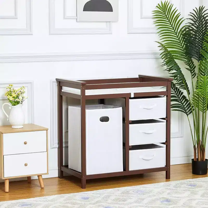 Wooden Baby Changing Table Solid Wood Diaper Changing Station Changing Table with Laundry Basket and Drawer