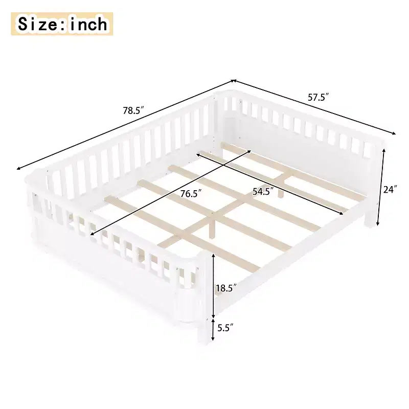 Full Platform Bed with Safety Guardrails & Detachable Fence, Solid Wood, White, for Kids