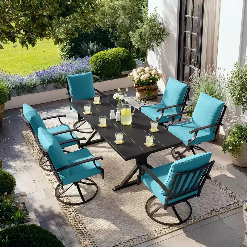 ALAULM 7PCS Patio Dining Set,Outdoor Metal Patio Furniture Set w/6 Swivel Rocking Chairs&Large Metal Table w/Umbrella Cutout for Garden,Backyard
