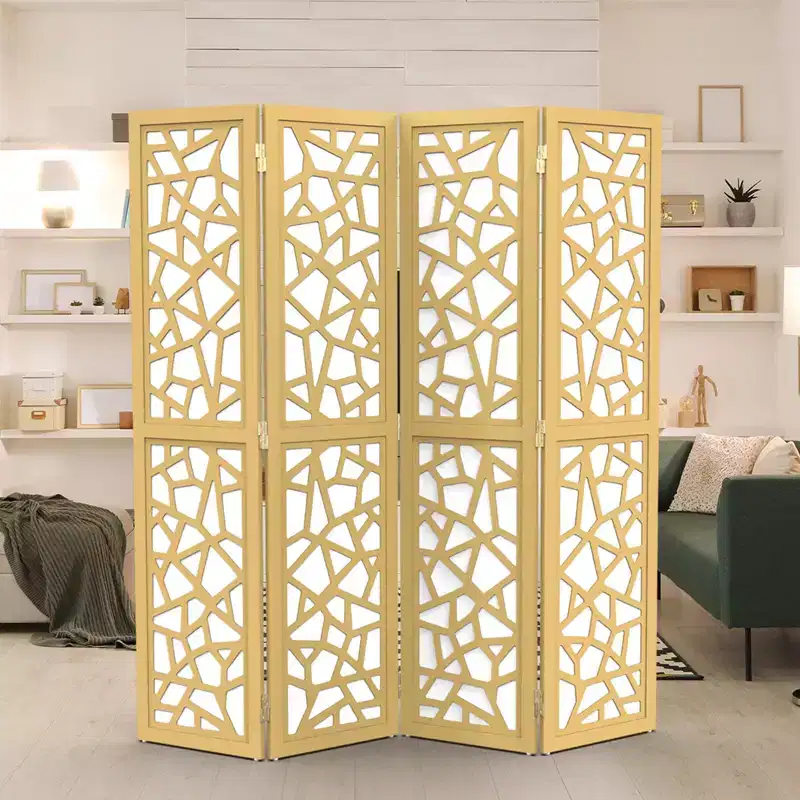 VINGLI 4 Panel Room Divider, Non-Woven Fabric Privacy Screen, Indoor Partition Wall Dividers, Freestanding Space Separator with Unique Pattern (Gold)