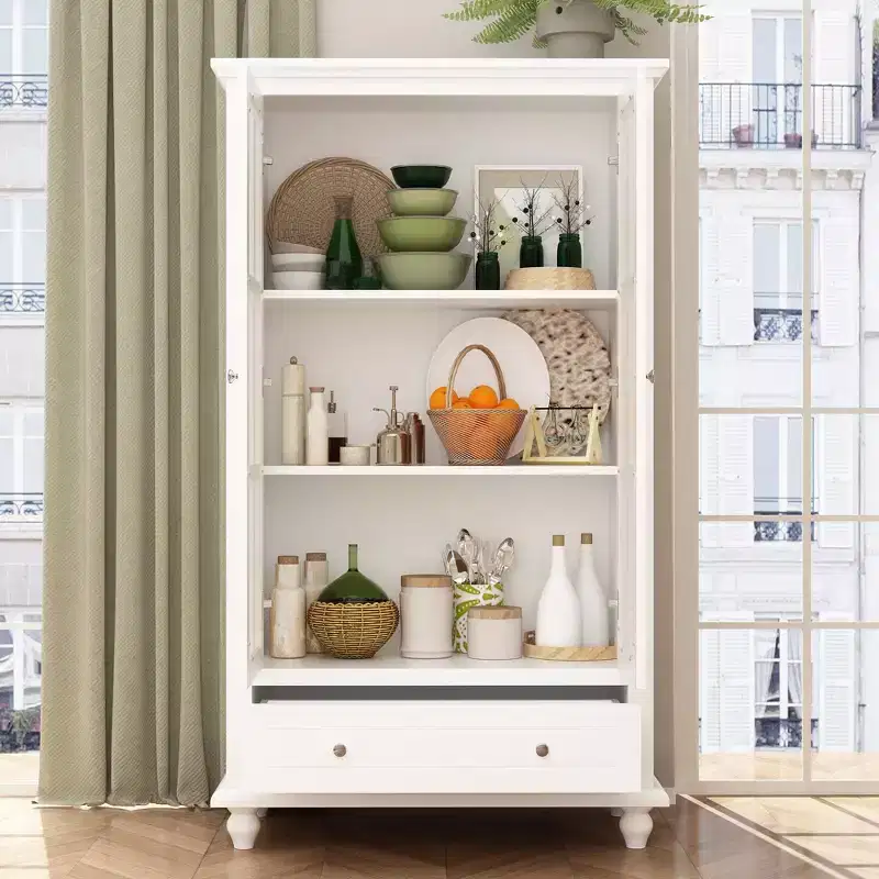 White Glass-Door Kitchen Pantry Cabinet Open Shelf + Drawer Storage