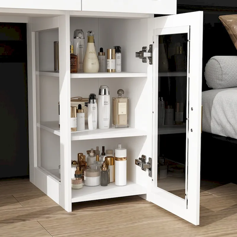 White Vanity Table with LED Lighting, Tri-Fold Mirror and Storage Drawers