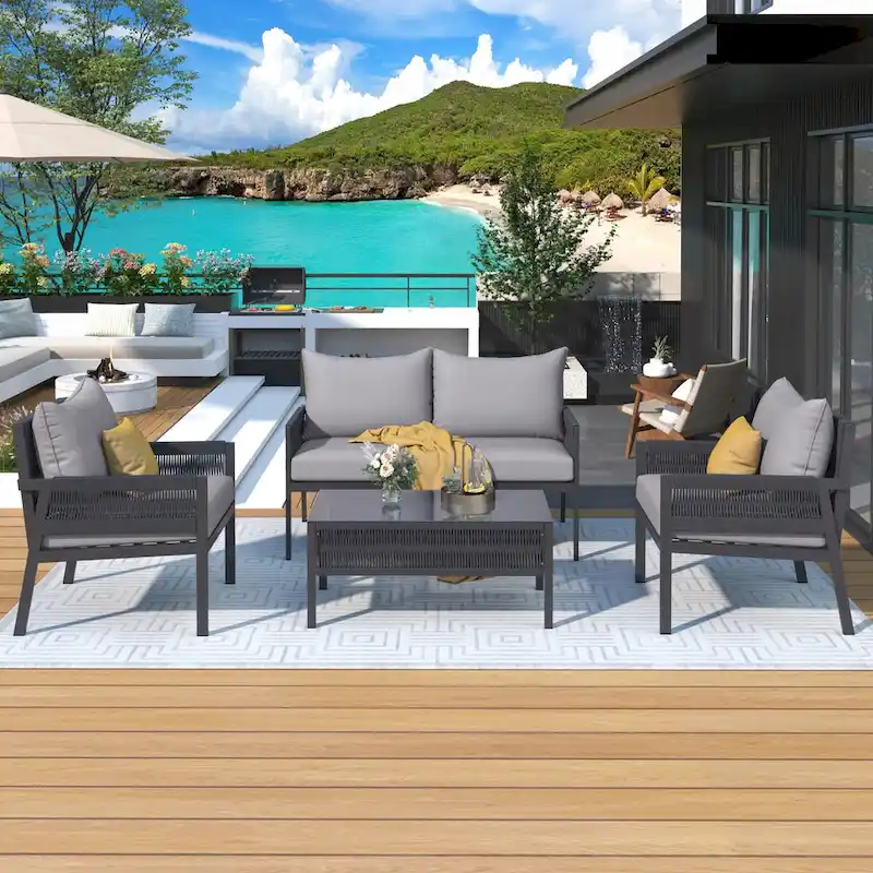 4-Piece Patio Conversation Set with Tempered Glass Table