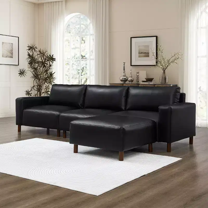 GDFStudio Arvin 112 Modern 3-Seat Faux Leather Upholstered Sectional Sofa with Ottoman