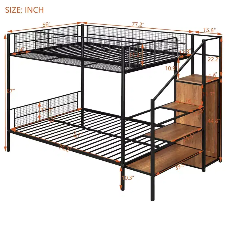 Twin over Full Size Metal Bunk Bed with Storage Staircase, Heavy Duty Steel Bed Frame with Shelving and Open Wardrobe for Teens Adults