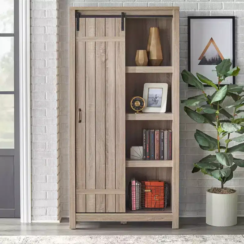 Buylateral Glasbern 71" Tall Farmhouse Barn Door Bookcase Weathered Gray