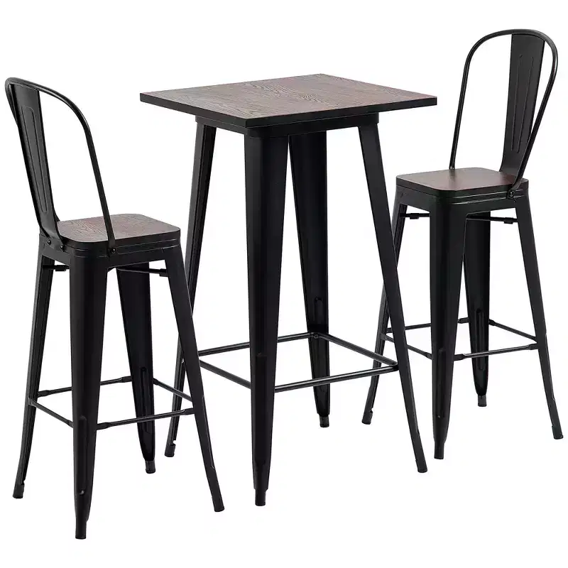 HOMCOM 3 Piece Industrial Dining Table Set, Counter Height Bar Table & Chairs Set with Footrests for Bistro, Pub